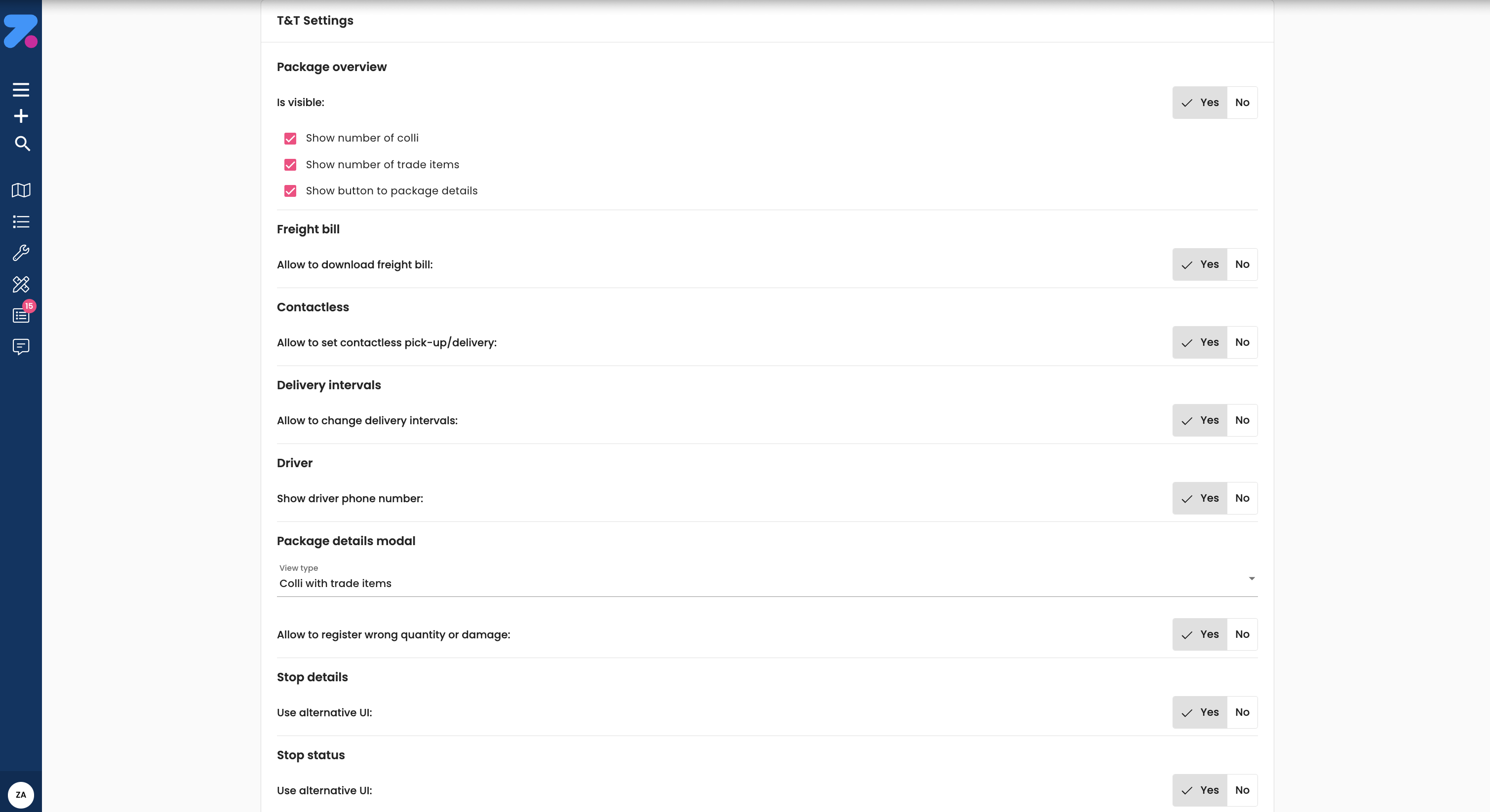 Track and Trace Settings