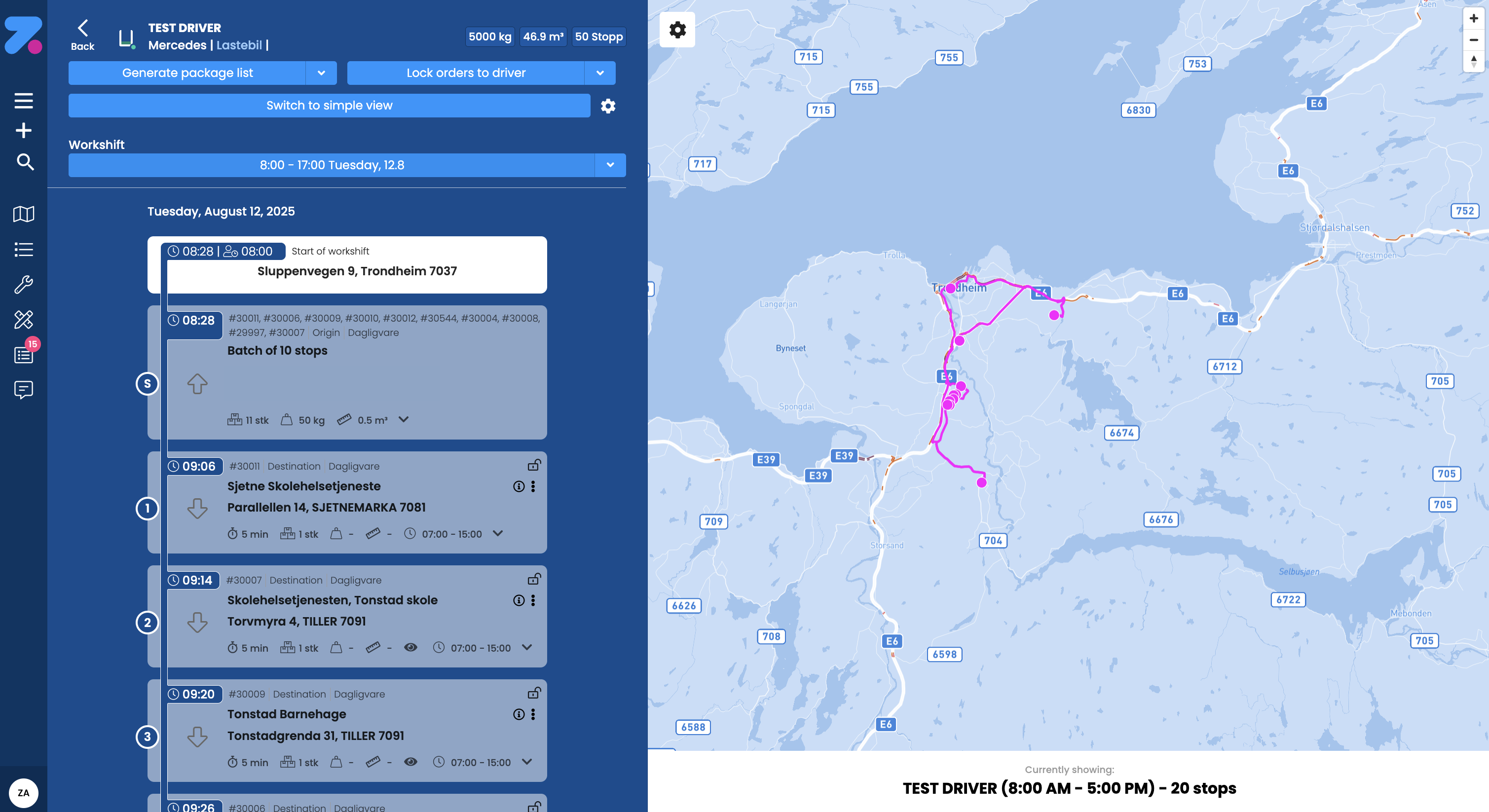 Order Overview Driver Workshift