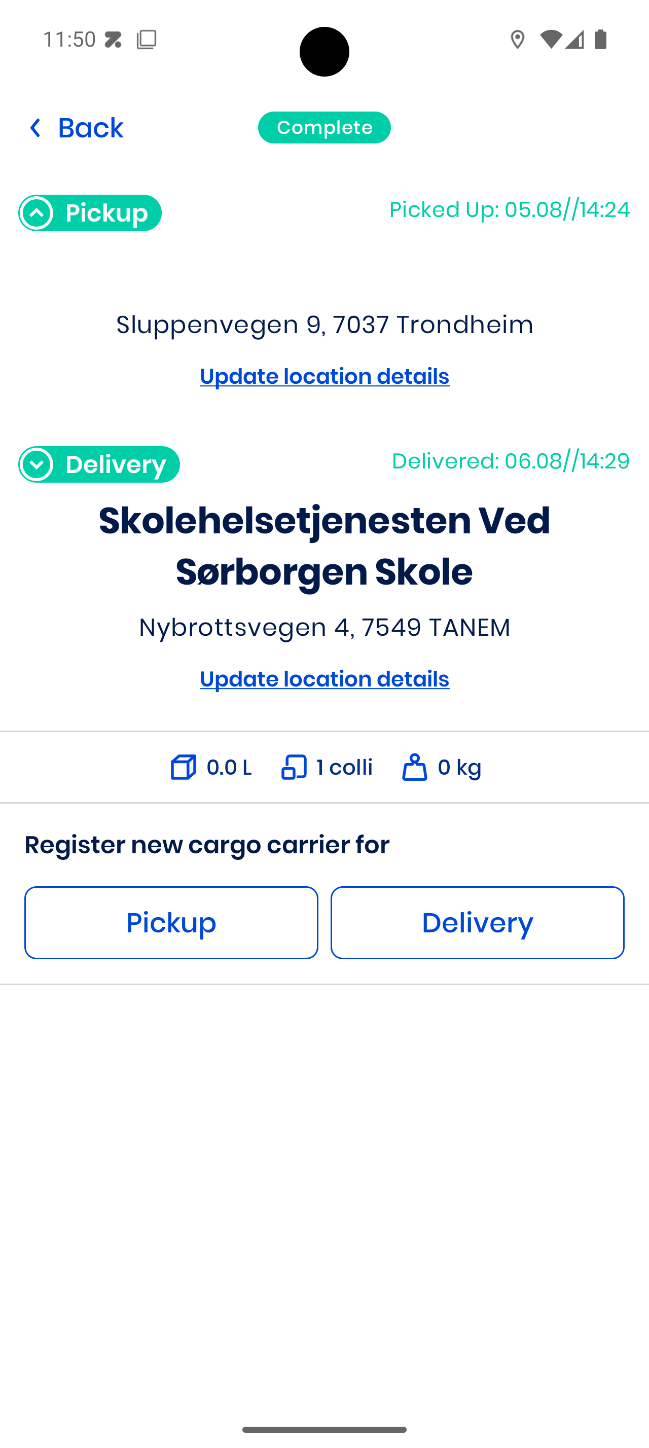 Completed order details